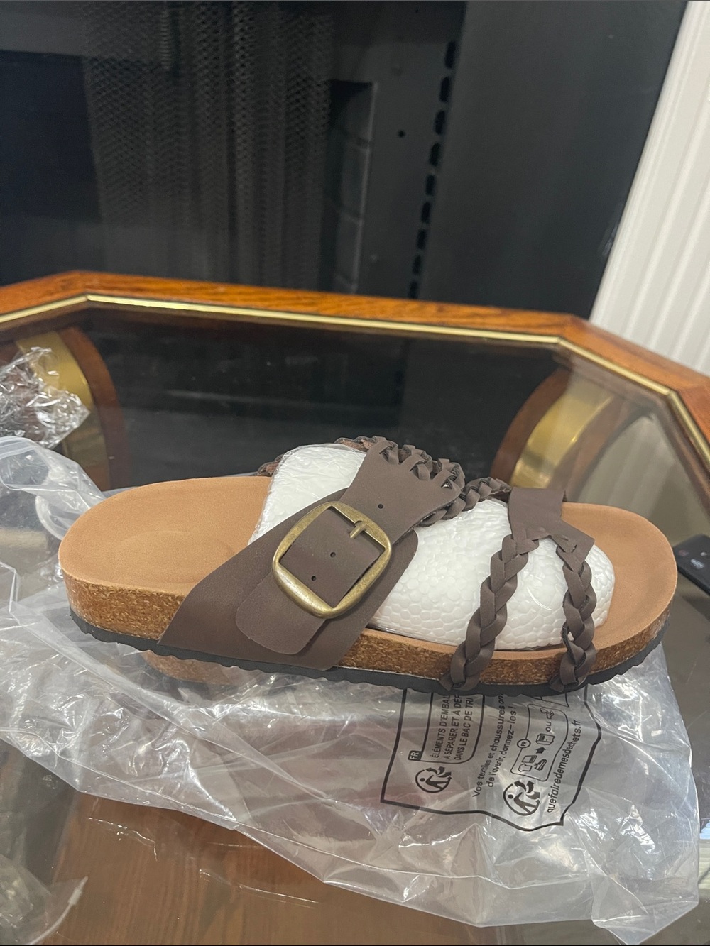 Brown Braided Buckle Slide Sandal with White Footbed
